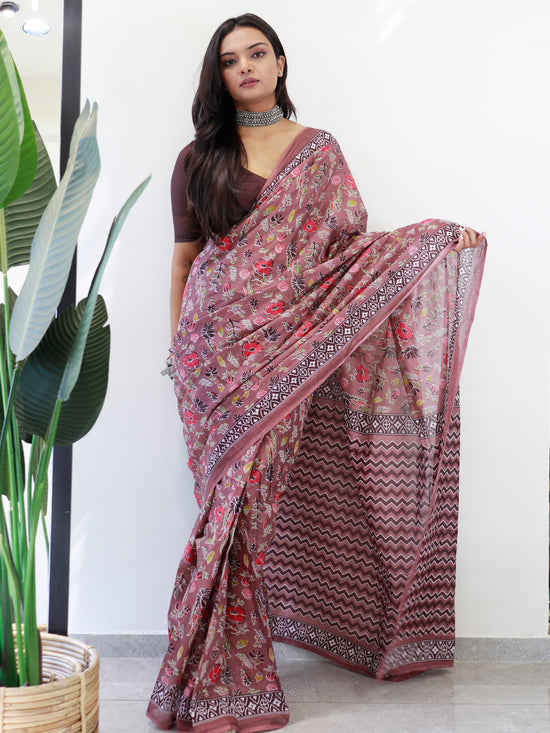 Saree Mall Women's Cotton Brown Printed Ready To Wear With Blouse Piece-RTWMINAXI4101