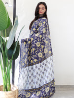 Saree Mall Women's Cotton Navy Blue Printed Ready To Wear With Blouse Piece-RTWMINAXI4102