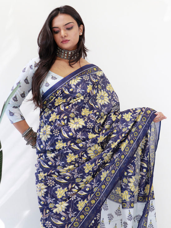 Saree Mall Women's Cotton Navy Blue Printed Ready To Wear With Blouse Piece-RTWMINAXI4102