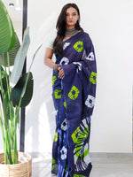 Saree Mall Women's Cotton Navy Blue Printed Ready To Wear With Blouse Piece-RTWMINAXI4103