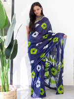 Saree Mall Women's Cotton Navy Blue Printed Ready To Wear With Blouse Piece-RTWMINAXI4103