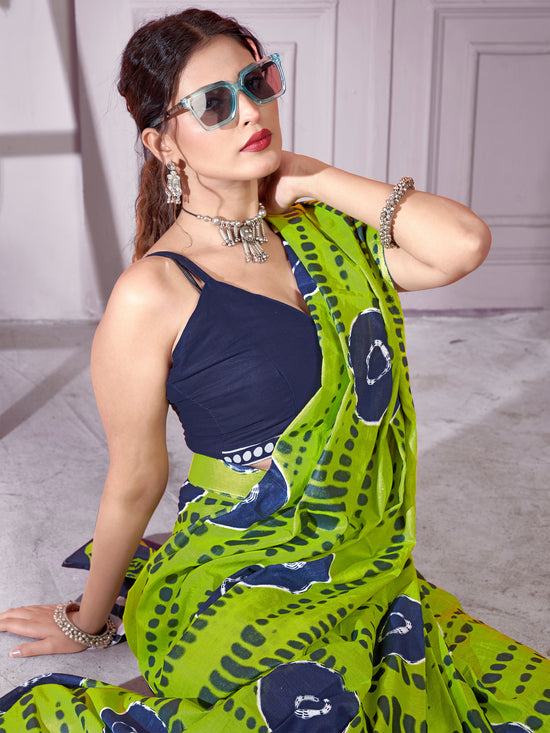 Saree Mall Women's Cotton Green Printed Designer Saree With Blouse Piece-RTWMINAXI4401