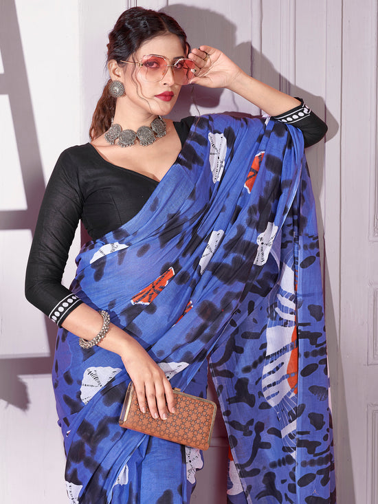 Saree Mall Women's Cotton Blue Printed Designer Saree With Blouse Piece-RTWMINAXI4404