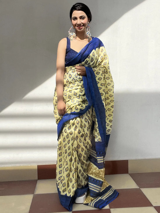 Saree Mall Women's Cotton Yellow Printed Ready To Wear With Blouse Piece-RTWMINAXI5301