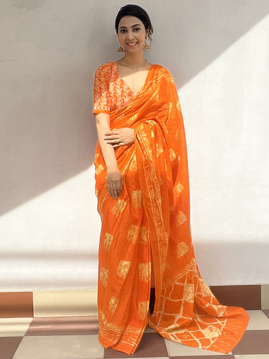 Saree Mall Women's Cotton Orange Printed Designer Saree With Blouse Piece-RTWMINAXI5501