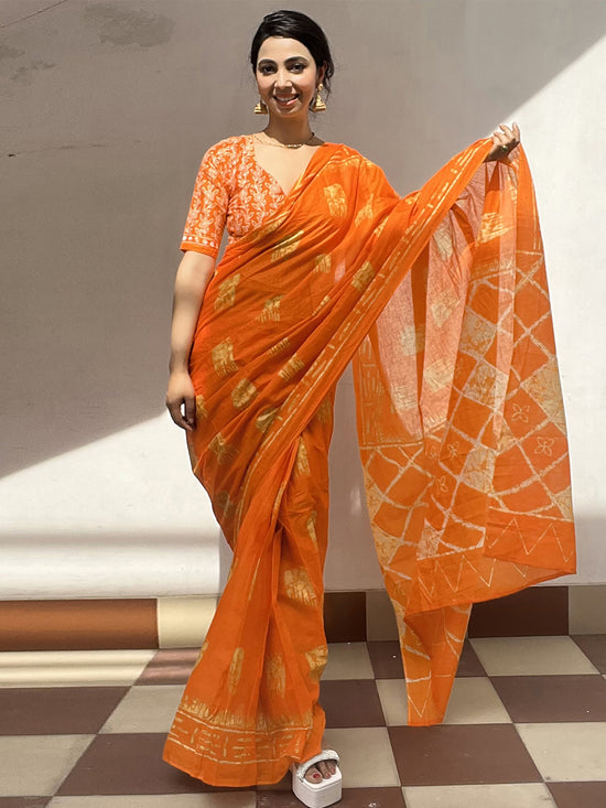 Saree Mall Women's Cotton Orange Printed Designer Saree With Blouse Piece-RTWMINAXI5501