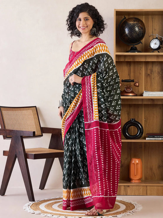 Saree Mall Women's Cotton Dark Green Printed Ready To Wear With Blouse Piece-RTWMINAXI6101