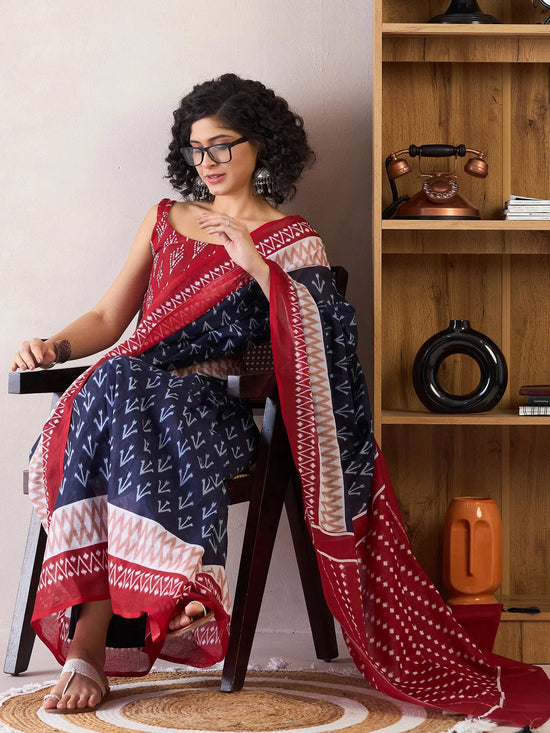 Saree Mall Women's Cotton Navy Blue Printed Ready To Wear With Blouse Piece-RTWMINAXI6102