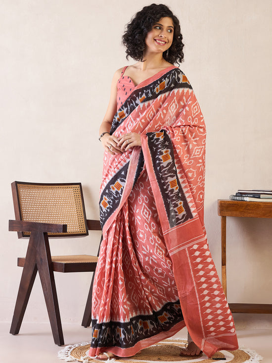 Saree Mall Women's Cotton Peach Printed Ready To Wear With Blouse Piece-RTWMINAXI6201