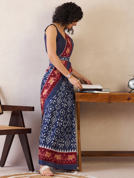 Saree Mall Women's Cotton Navy Blue Printed Ready To Wear With Blouse Piece-RTWMINAXI6202