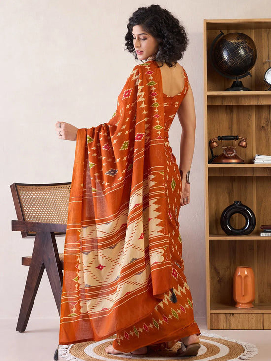 Saree Mall Women's Cotton Orange Printed Ready To Wear With Blouse Piece-RTWMINAXI6301