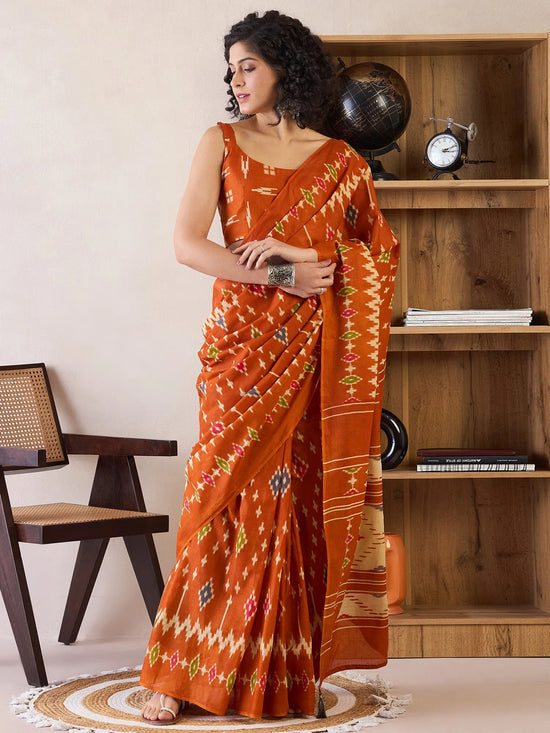 Saree Mall Women's Cotton Orange Printed Ready To Wear With Blouse Piece-RTWMINAXI6301