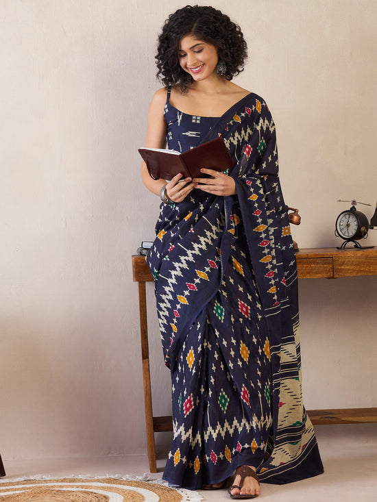 Saree Mall Women's Cotton Navy Blue Printed Ready To Wear With Blouse Piece-RTWMINAXI6302