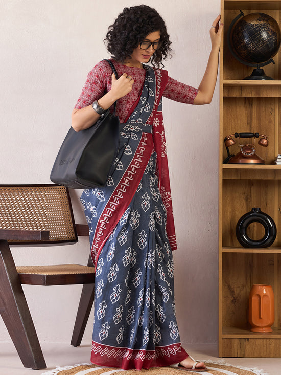 Saree Mall Women's Cotton Grey Printed Ready To Wear With Blouse Piece-RTWMINAXI6402