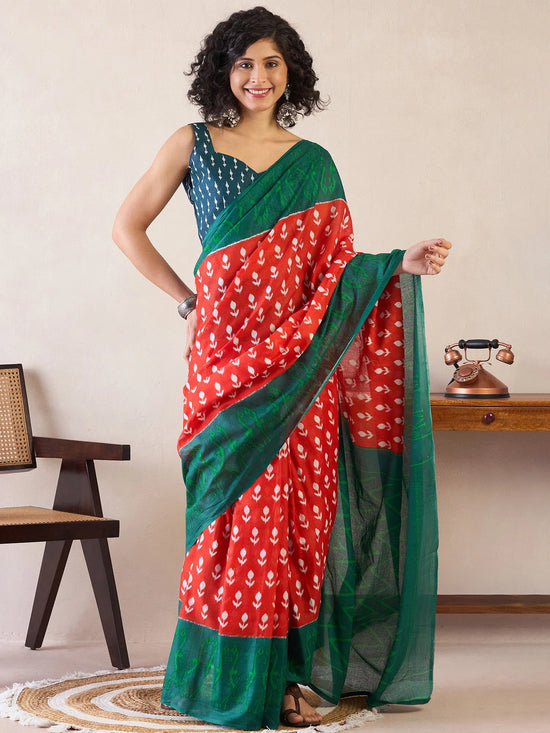 Saree Mall Women's Cotton Red Printed Ready To Wear With Blouse Piece-RTWMINAXI6501