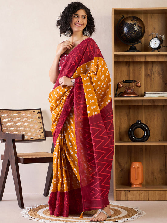 Saree Mall Women's Cotton Mustard Printed Ready To Wear With Blouse Piece-RTWMINAXI6503