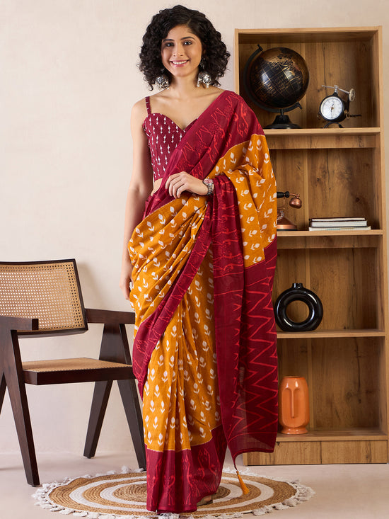 Saree Mall Women's Cotton Mustard Printed Ready To Wear With Blouse Piece-RTWMINAXI6503