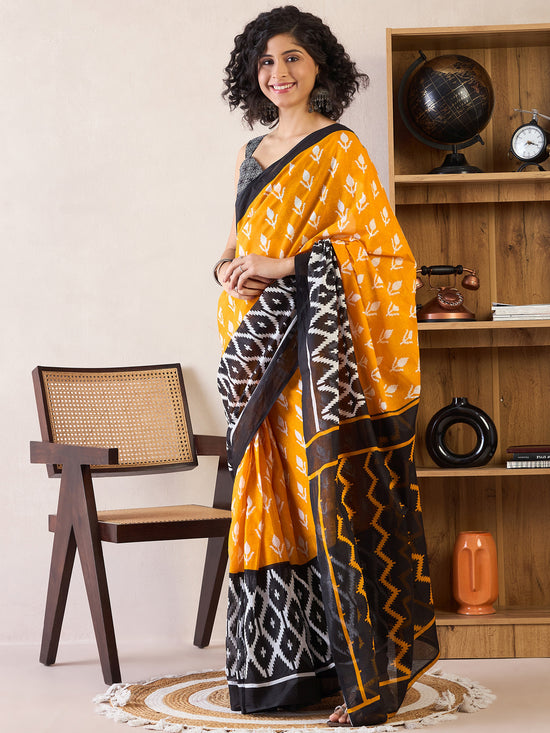 Saree Mall Women's Cotton Yellow Printed Ready To Wear With Blouse Piece-RTWMINAXI6504