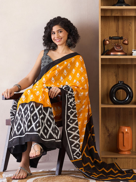 Saree Mall Women's Cotton Yellow Printed Ready To Wear With Blouse Piece-RTWMINAXI6504