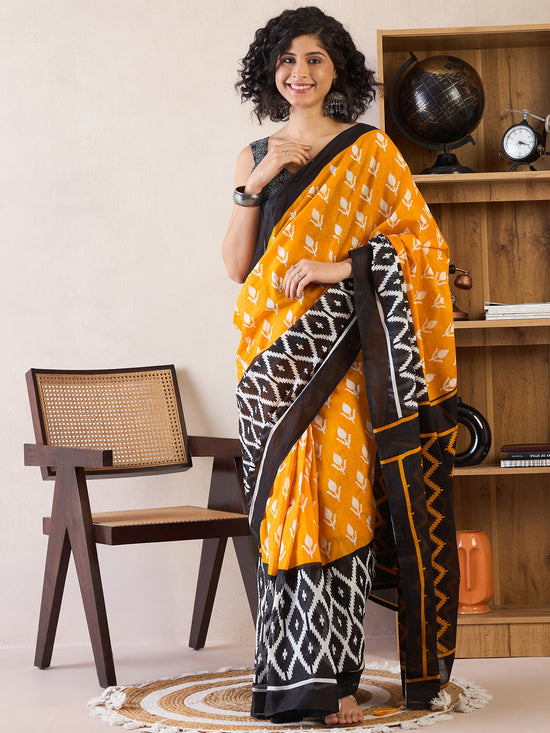 Saree Mall Women's Cotton Yellow Printed Ready To Wear With Blouse Piece-RTWMINAXI6504