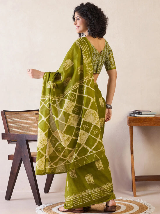 Saree Mall Women's Cotton Olive Printed Ready To Wear With Blouse Piece-RTWMINAXI6602