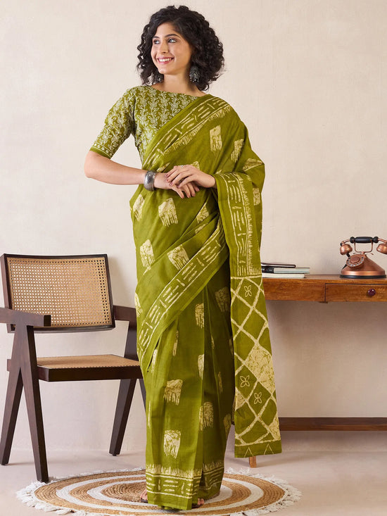 Saree Mall Women's Cotton Olive Printed Ready To Wear With Blouse Piece-RTWMINAXI6602