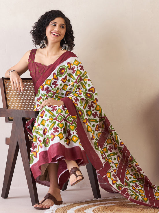 Saree Mall Women's Cotton White Printed Ready To Wear With Blouse Piece-RTWMINAXI6702