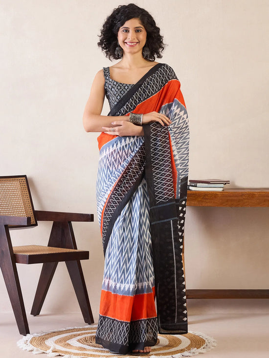 Saree Mall Women's Cotton Grey Printed Ready To Wear With Blouse Piece-RTWMINAXI6801