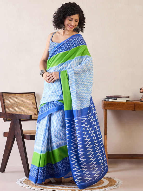 Saree Mall Women's Cotton Light Blue Printed Ready To Wear With Blouse Piece-RTWMINAXI6802