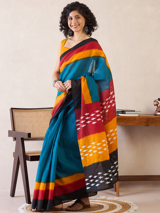 Saree Mall Women's Cotton Teal Blue Printed Ready To Wear With Blouse Piece-RTWMINAXI7101