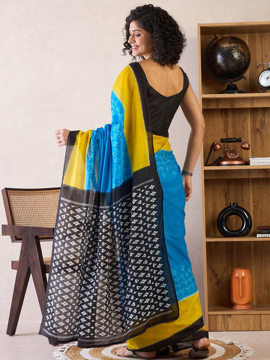 Saree Mall Women's Cotton Blue Printed Ready To Wear With Blouse Piece-RTWMINAXI7102