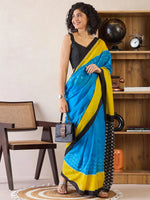 Saree Mall Women's Cotton Blue Printed Ready To Wear With Blouse Piece-RTWMINAXI7102