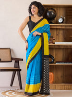 Saree Mall Women's Cotton Blue Printed Ready To Wear With Blouse Piece-RTWMINAXI7102