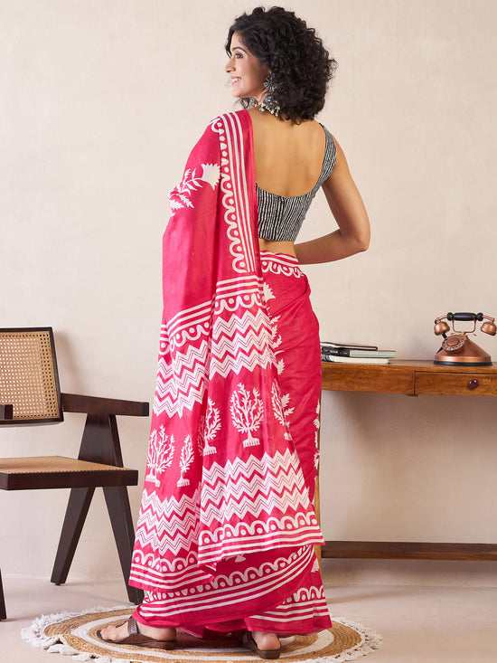 Saree Mall Women's Cotton Pink Printed Ready To Wear With Blouse Piece-RTWMINAXI7104