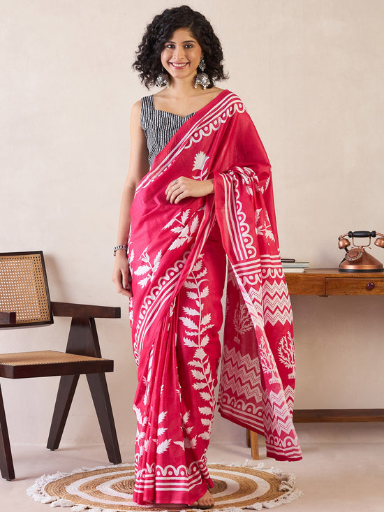 Saree Mall Women's Cotton Pink Printed Ready To Wear With Blouse Piece-RTWMINAXI7104