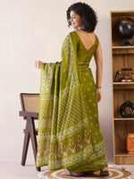 Saree Mall Women's Cotton Olive Printed Ready To Wear With Blouse Piece-RTWMINAXI7105