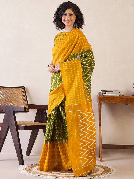 Saree Mall Women's Cotton Olive Printed Ready To Wear With Blouse Piece-RTWMINAXI7202