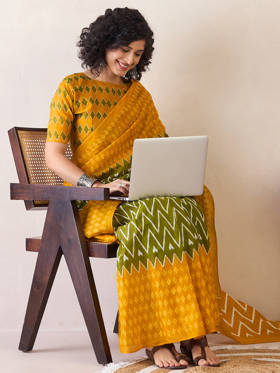 Saree Mall Women's Cotton Olive Printed Ready To Wear With Blouse Piece-RTWMINAXI7202