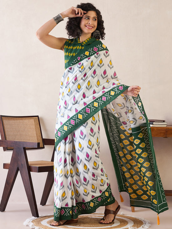 Saree Mall Women's Cotton White Printed Ready To Wear With Blouse Piece-RTWMINAXI7302