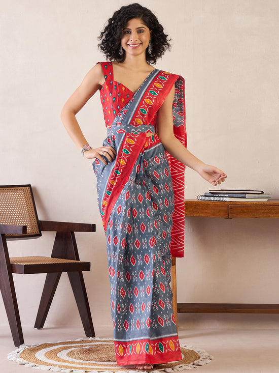 Saree Mall Women's Cotton Grey Printed Ready To Wear With Blouse Piece-RTWMINAXI7303