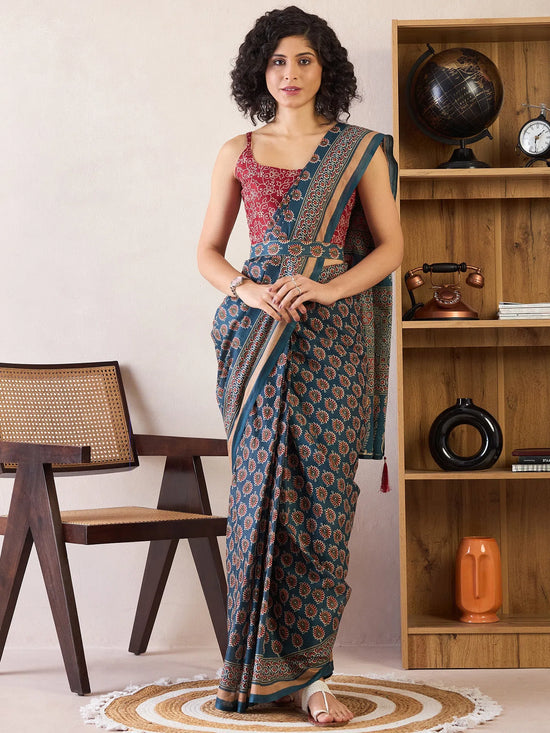 Saree Mall Women's Cotton Teal Blue Printed Ready To Wear With Blouse Piece-RTWMINAXI7304