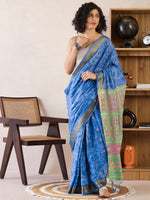 Saree Mall Women's Cotton Blue Printed Ready To Wear With Blouse Piece-RTWMINAXI7401A