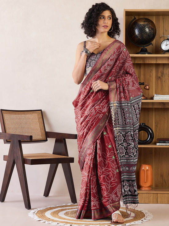 Saree Mall Women's Cotton Brown Printed Ready To Wear With Blouse Piece-RTWMINAXI7401B