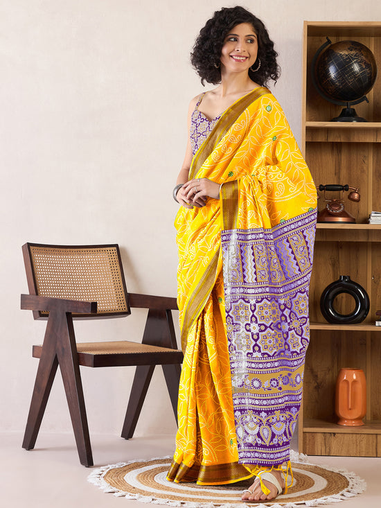 Saree Mall Women's Cotton Yellow Printed Ready To Wear With Blouse Piece-RTWMINAXI7401D