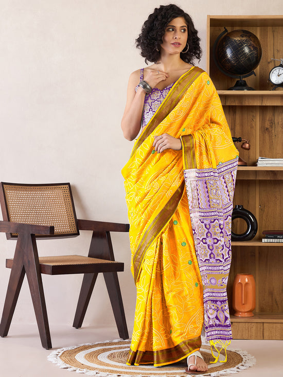 Saree Mall Women's Cotton Yellow Printed Ready To Wear With Blouse Piece-RTWMINAXI7401D