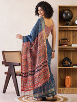 Saree Mall Women's Cotton Navy Blue Printed Ready To Wear With Blouse Piece-RTWMINAXI7401