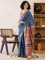 Saree Mall Women's Cotton Navy Blue Printed Ready To Wear With Blouse Piece-RTWMINAXI7401