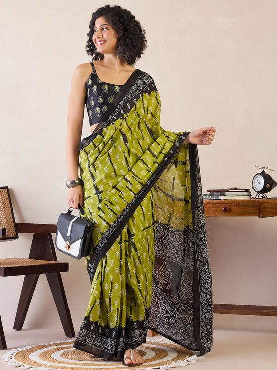 Saree Mall Women's Cotton Olive Printed Ready To Wear With Blouse Piece-RTWMINAXI7402