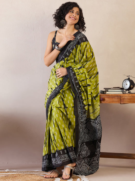 Saree Mall Women's Cotton Olive Printed Ready To Wear With Blouse Piece-RTWMINAXI7402