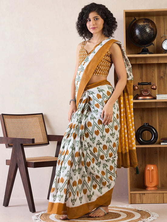 Saree Mall Women's Cotton White Printed Ready To Wear With Blouse Piece-RTWMINAXI7405